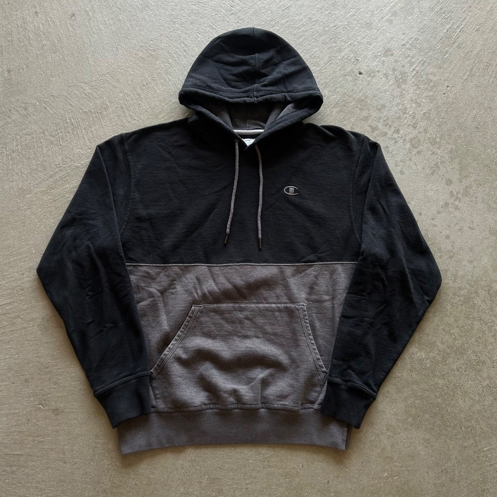 Champion Sweatshirt Size Medium Black Gray Color Block Hoodie Logo Drawstring